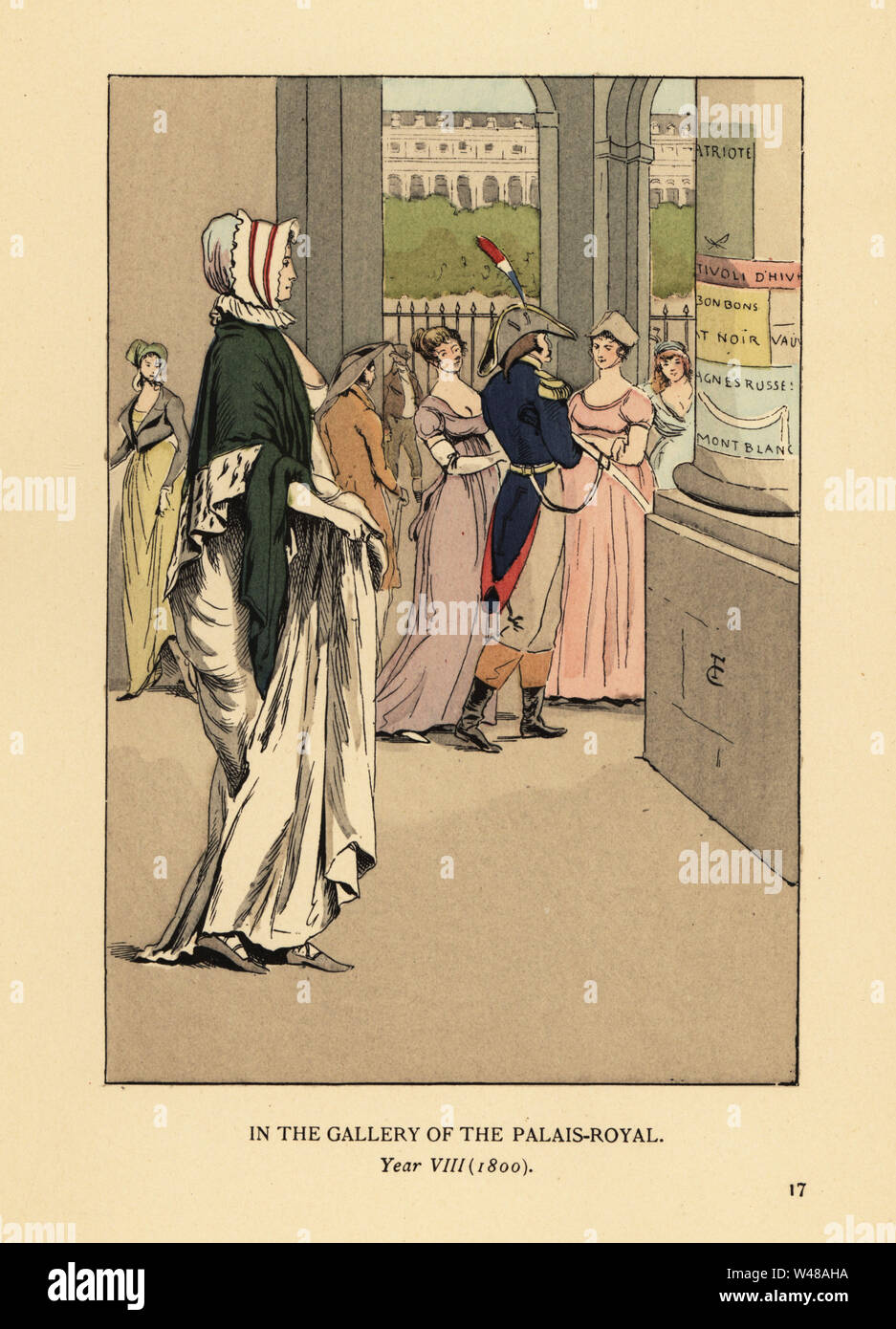 Modische Frau schlendern durch die Galerie des Palais Royal, Paris, Jahr VIII, 1800. Papierkörbe Lithographie von R.V. nach einer Abbildung von Francois Courboin von Octave Uzanne's Fashion in Paris, William Heinemann, London, 1898. Stockfoto