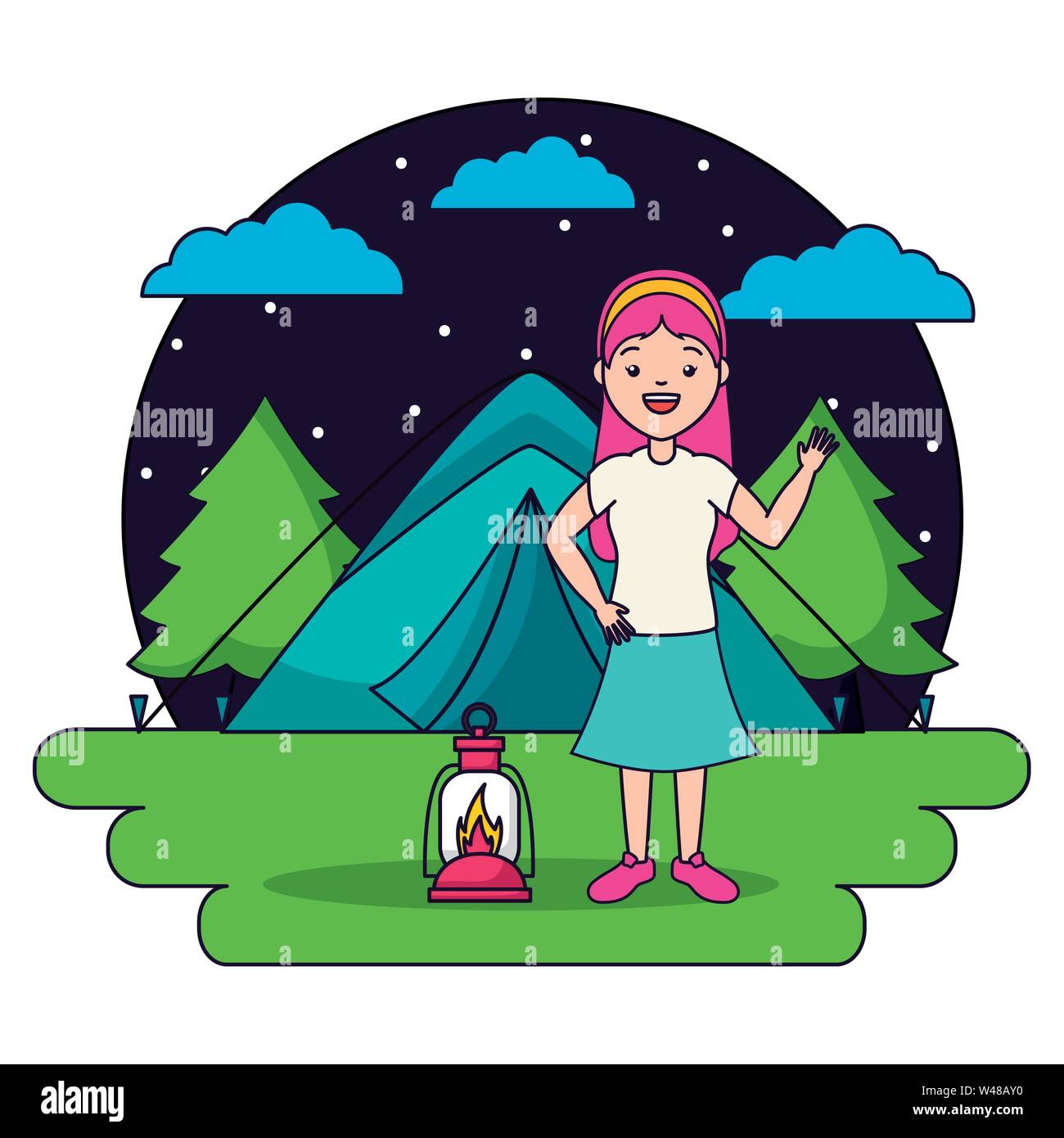 Frau, die in der camping Zelt Nacht Stock Vektor