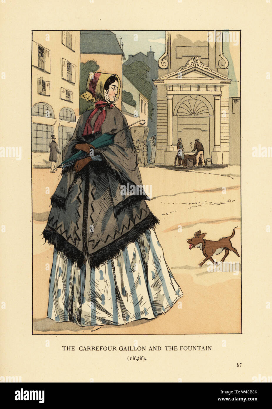 Frau vor dem Brunnen am Platz Gaillon, Paris. Sie trägt ein kaschmirschal mit Arm Löcher namens La visite über die KRINOLINE. Die carrefour Gaillon und der Brunnen, 1848. Papierkörbe Lithographie von R.V. nach einer Abbildung von Francois Courboin von Octave Uzanne's Fashion in Paris, William Heinemann, London, 1898. Stockfoto