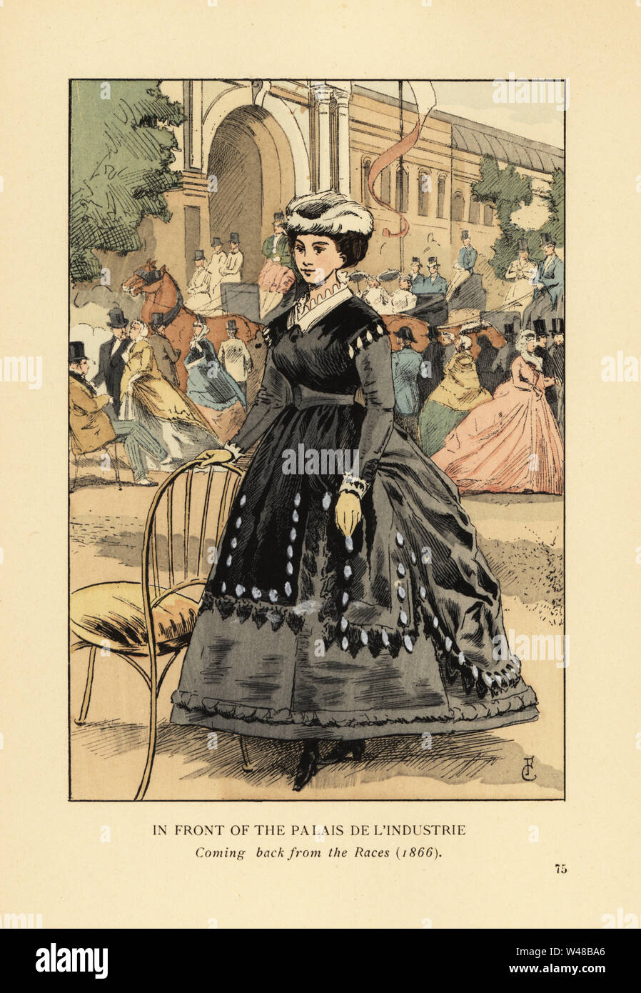 Vor dem Palais de l'Industrie, Paris, 1866. Zurück aus dem Rennen. Frau im Pelz hat in Grau und Schwarz krinoline Kleid. Der Palast der Industrie war für die Exposition Universelle de 1855 für öffentliche, zivile und militärische Ereignisse gebaut. Papierkörbe Lithographie von R.V. nach einer Abbildung von Francois Courboin von Octave Uzanne's Fashion in Paris, William Heinemann, London, 1898. Stockfoto