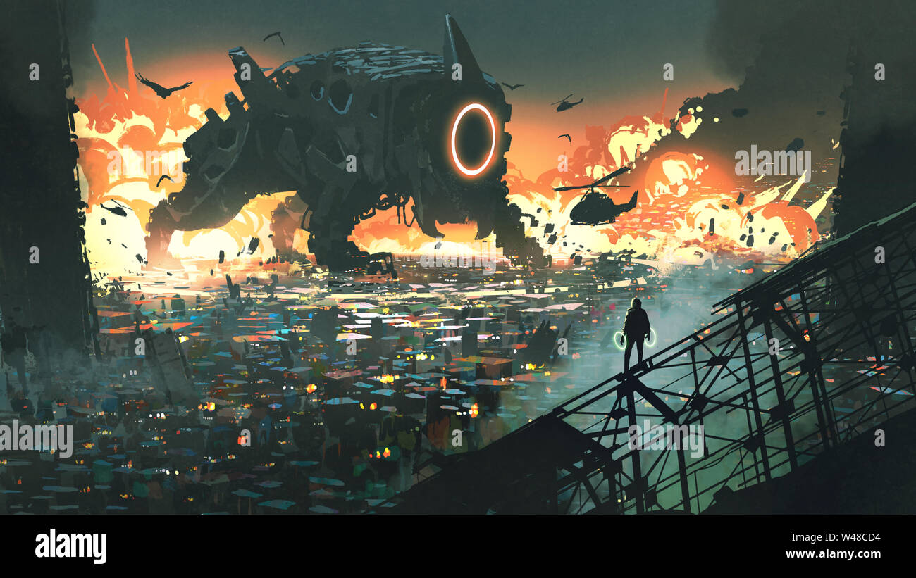 Sci-fi-Szene der Kreatur Maschine eindringenden Stadt, digital art Stil, Illustration Malerei Stockfoto
