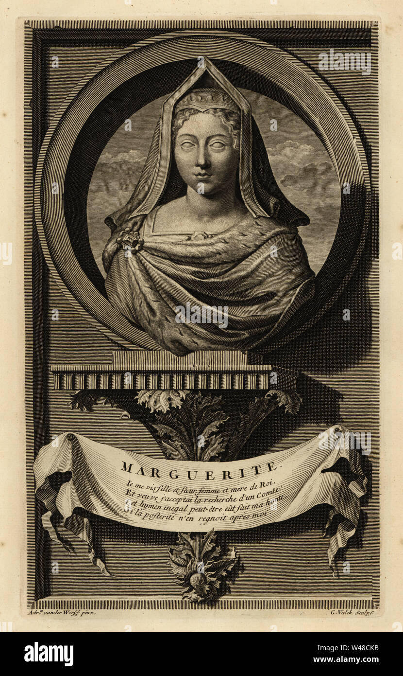 Porträt einer Büste von Margaret Tudor, Königin der Schotten, Frau König Jakob IV. von Schottland. In Englisch Haube oder Giebel Haube. Marguerite. Kupferstich von Gerard Valck nach Adriaen Van der Werff von Isaac de Larrey's Histoire d'Angleterre, d'Ecosse et d'Irlande, Reinier Leers, Rotterdam, 1713. Stockfoto