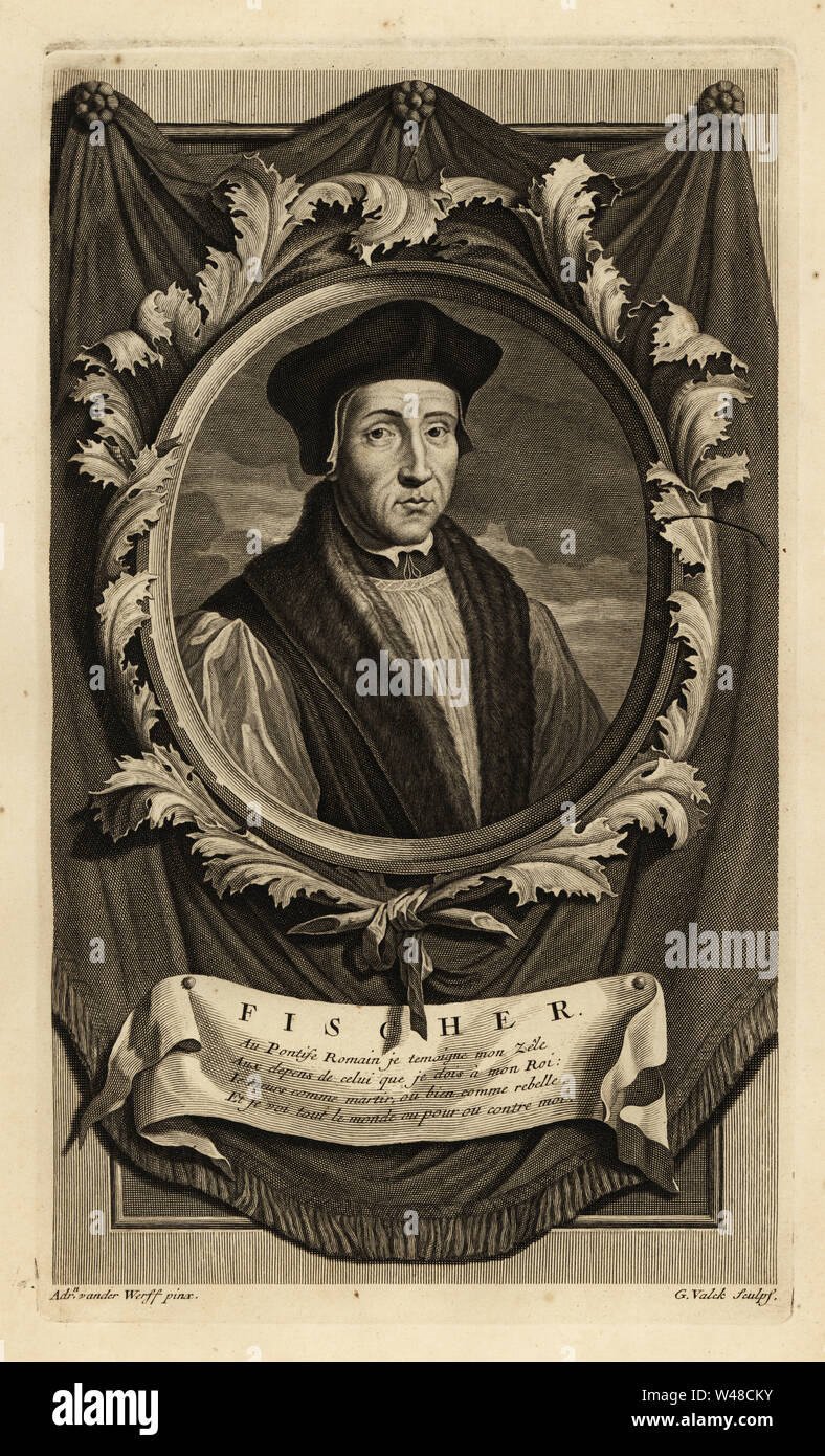 Portrait von John Fisher, der katholische Bischof und Theologe. Fischer. Kupferstich von Gerard Valck nach Adriaen Van der Werff von Isaac de Larrey's Histoire d'Angleterre, d'Ecosse et d'Irlande, Reinier Leers, Rotterdam, 1713. Stockfoto