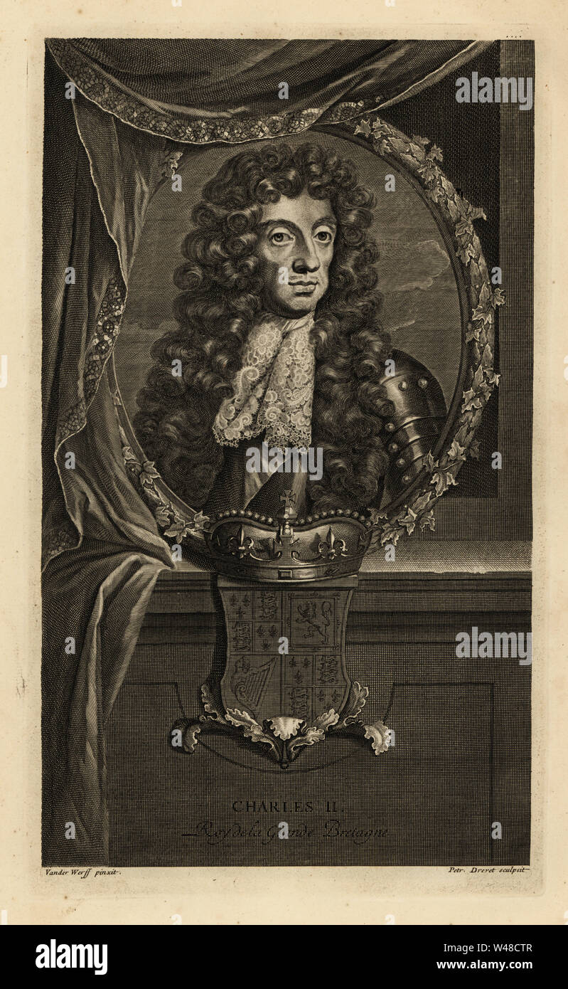 König Charles II. von England, in der Rüstung und Spitzenkragen. Mit Krone und Wappen. Kupferstich von Pierre Drevet nach Adriaen Van der Werff von Isaac de Larrey's Histoire d'Angleterre, d'Ecosse et d'Irlande, Amsterdam, 1730. Stockfoto