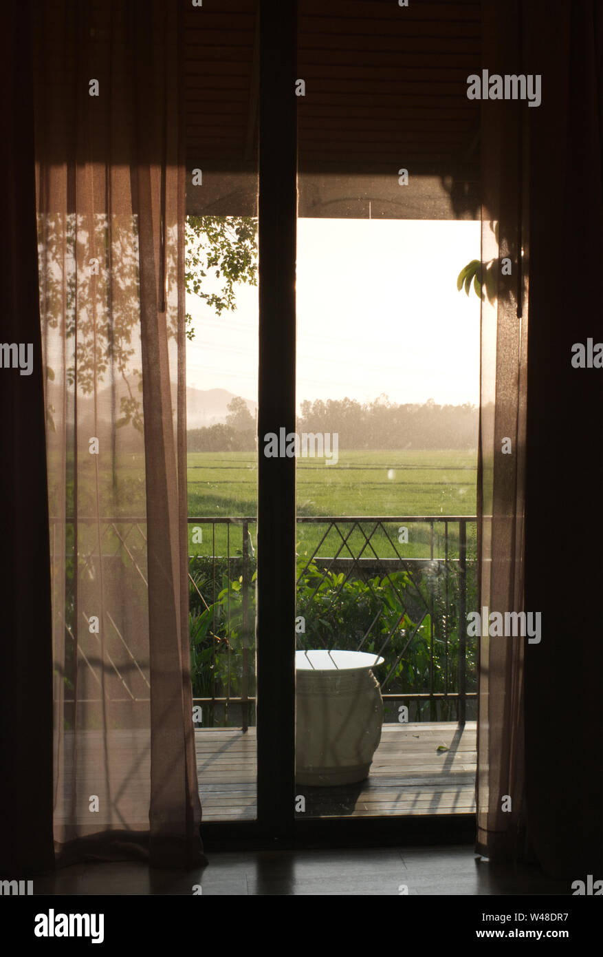 Blick von einem Zimmer mit Blick auf Reisfelder, siehe durch Vorhang Stockfoto