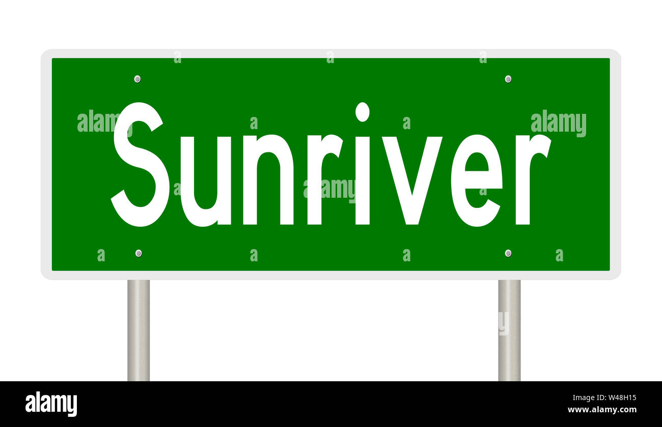 Rendering von einem grünen Hinweisschild für Sunriver Oregon Stockfoto