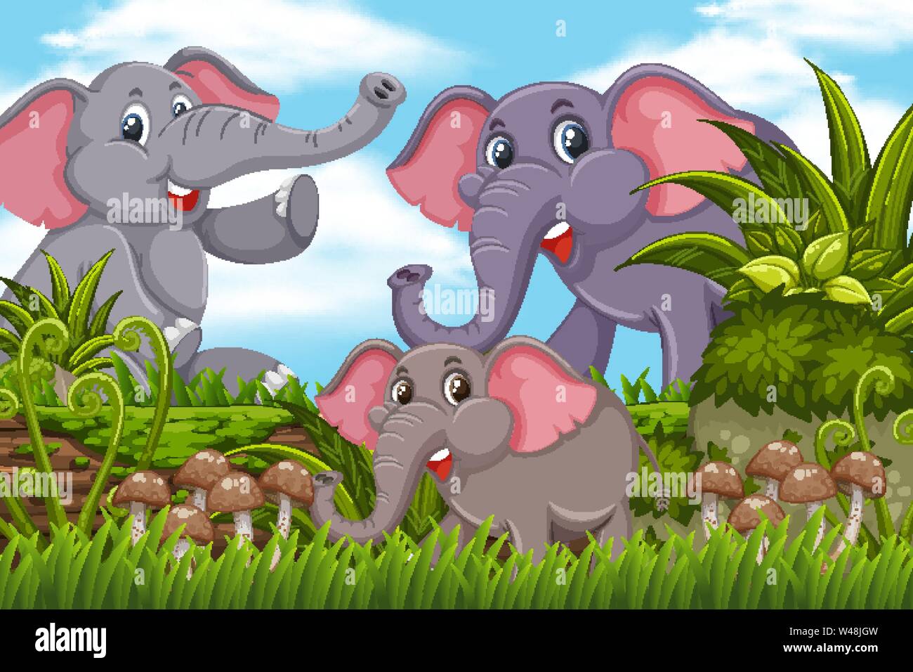 Elefanten im Dschungel Szene Abbildung Stock Vektor