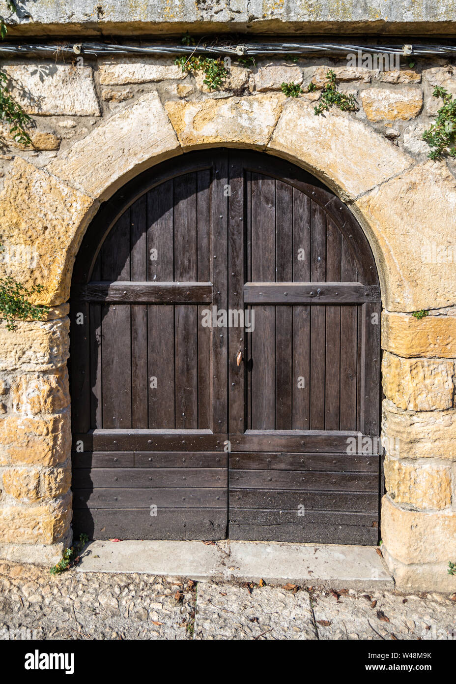 Rustikalen braunen Holztür und stone arch Stockfoto