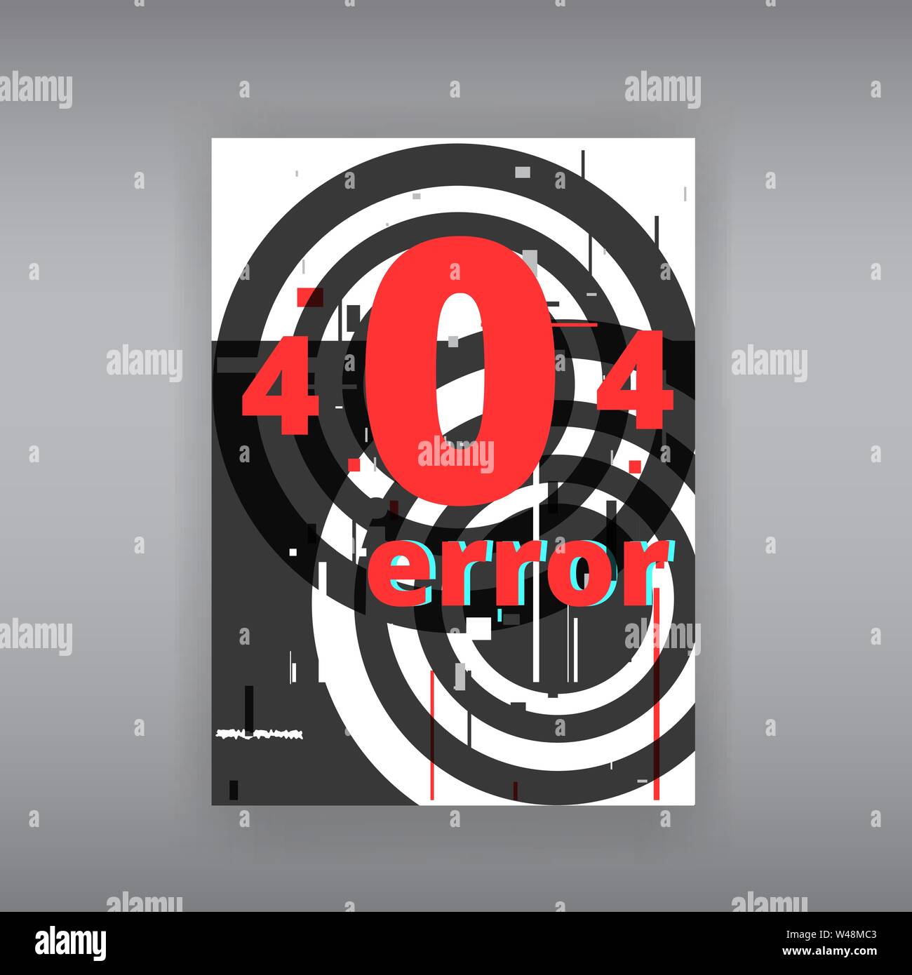 Fehler 404 Seite nicht gefunden Template. Tv verzerrten Signal Chaos, glitched Wirkung Distortion Farbe Foto Auflösung und Fehler Fehler Fehler Kreise, vhs-w Stock Vektor