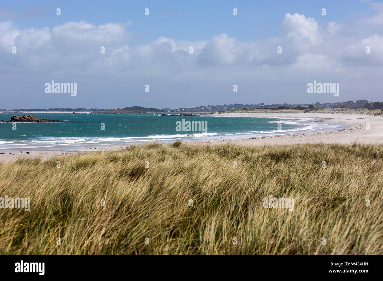 Kitesurfer und Windsurfer mit ihren Drachen und surft Reiten die Wellen mit Gewitterwolken am Himmel in der lange Sandstrand in der Bretagne, Frankreich Stockfoto