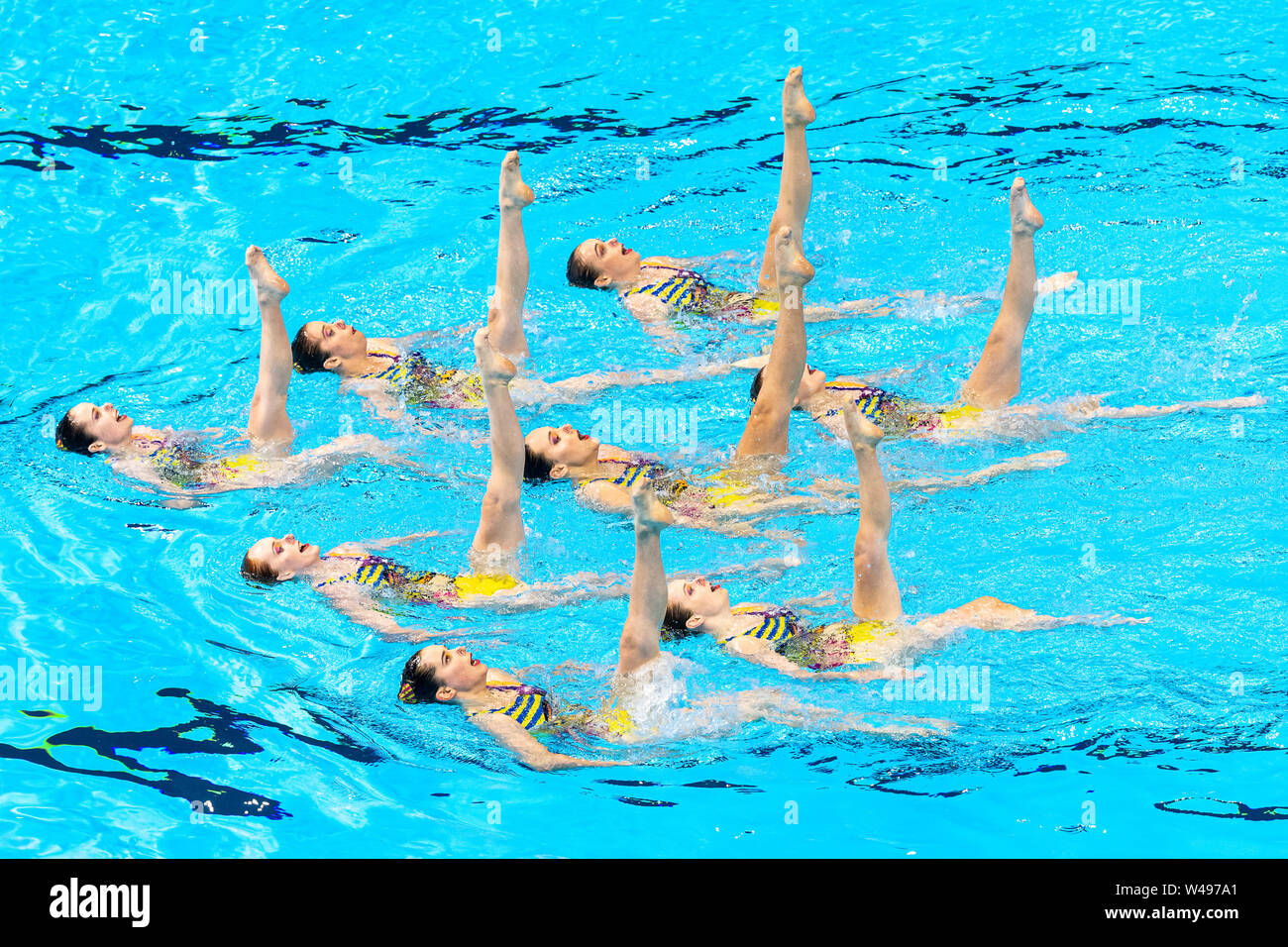 14. juli 2019 Gwangju, Südkorea 14. FINA World Aquatics Championships BROWN Nina MORRIS Eva, PETTIT Isobel ROBERTSON Ali, SMITH Zyleika STEINER Karlina, WILKES Arielle WORSLEY Eden NZL NEW ZEALAND Gwangju South Korea 07/2019 Artistic Swimming Team Technical Preliminaries 18. FINA World Aquatics Championships Yeomju Gymnasium Stockfoto