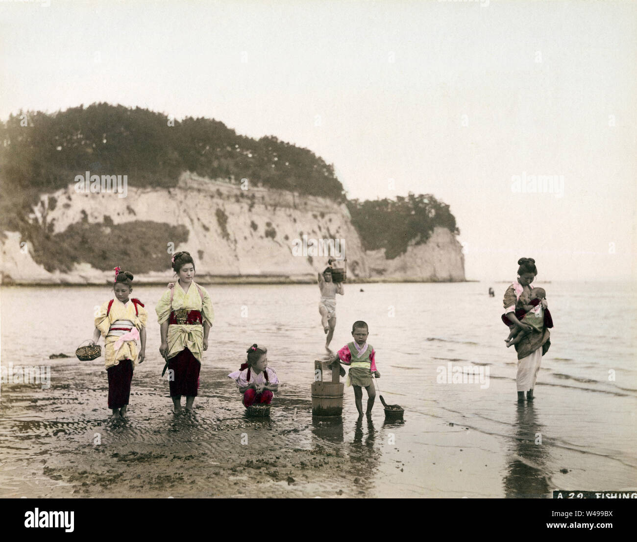 [1880s Japan - Japanische Frauen Angeln] - Frauen und Kinder im Kimono und traditionelle Frisur sammeln Muscheln bei Ebbe an Honmoku in Yokohama, Kanagawa Präfektur. Sie haben Ihre kimono nach oben gezogen. 19 Vintage albumen Foto. Stockfoto