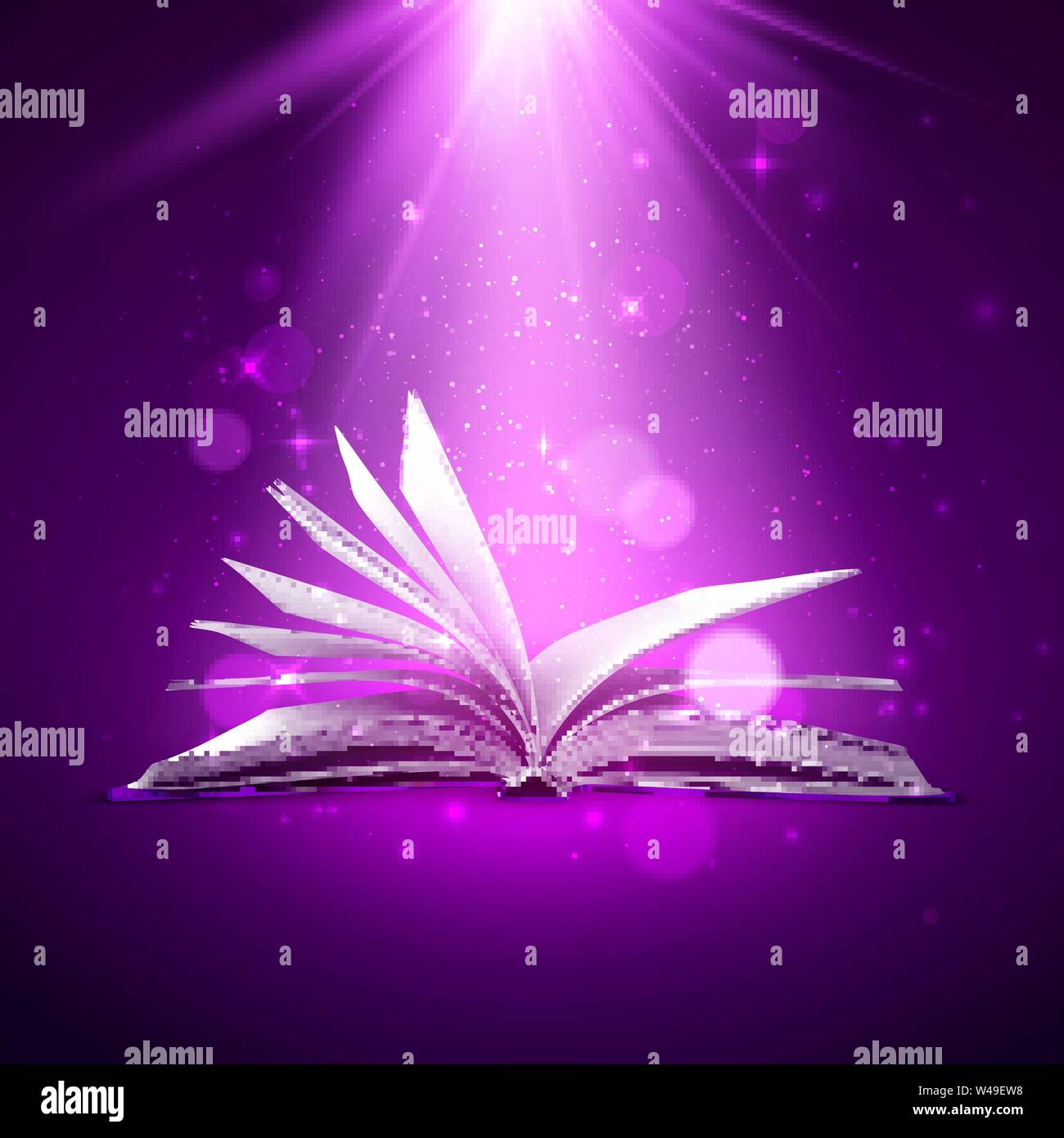 Geheimnis Buch öffnen. Fantasy Buch mit magischen Licht und funkelt. Vector Illustration Stock Vektor