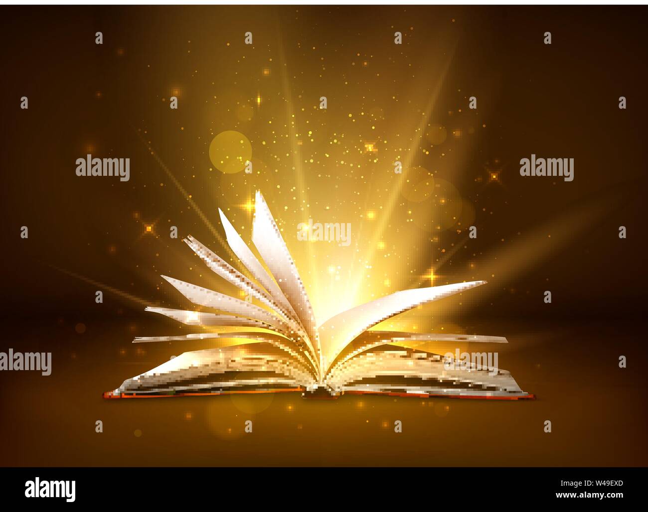 Geheimnis offenes Buch mit glänzenden Seiten. Fantasy Buch mit magische Licht funkelt und Sterne. Vector Illustration Stock Vektor