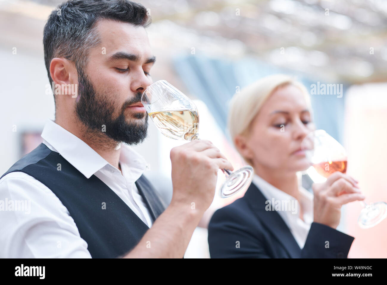 Junge Bartgeier männlichen Sommelier und seine Kollegin riechen neue Arten von Wein Stockfoto