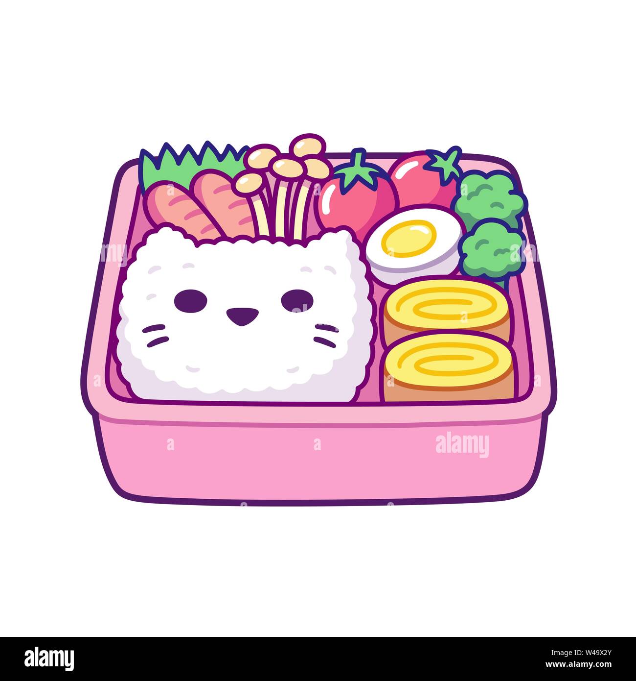 Cute cartoon bento box Mit cat face geformte Reis, Frühlingsrollen, Pilzen und Gemüse. Traditionelle japanische Lunchbox für Kinder. Einfache Hand gezeichnet vecto Stock Vektor