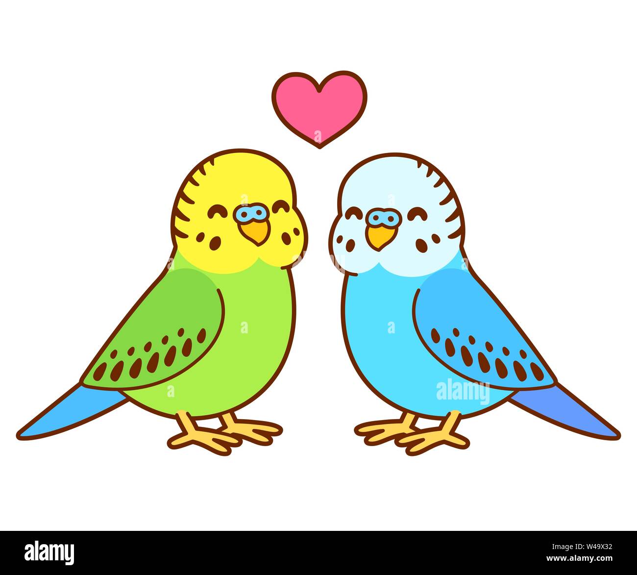 Cute cartoon budgie Paar Zeichnung. Wenig sittich Vögel in Liebe mit Herz. Isolierte vector clip art Illustration. Stock Vektor