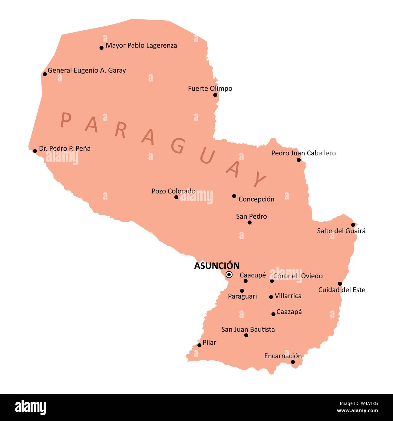Paraguay isoliert Karte mit den wichtigsten Städten Stock Vektor