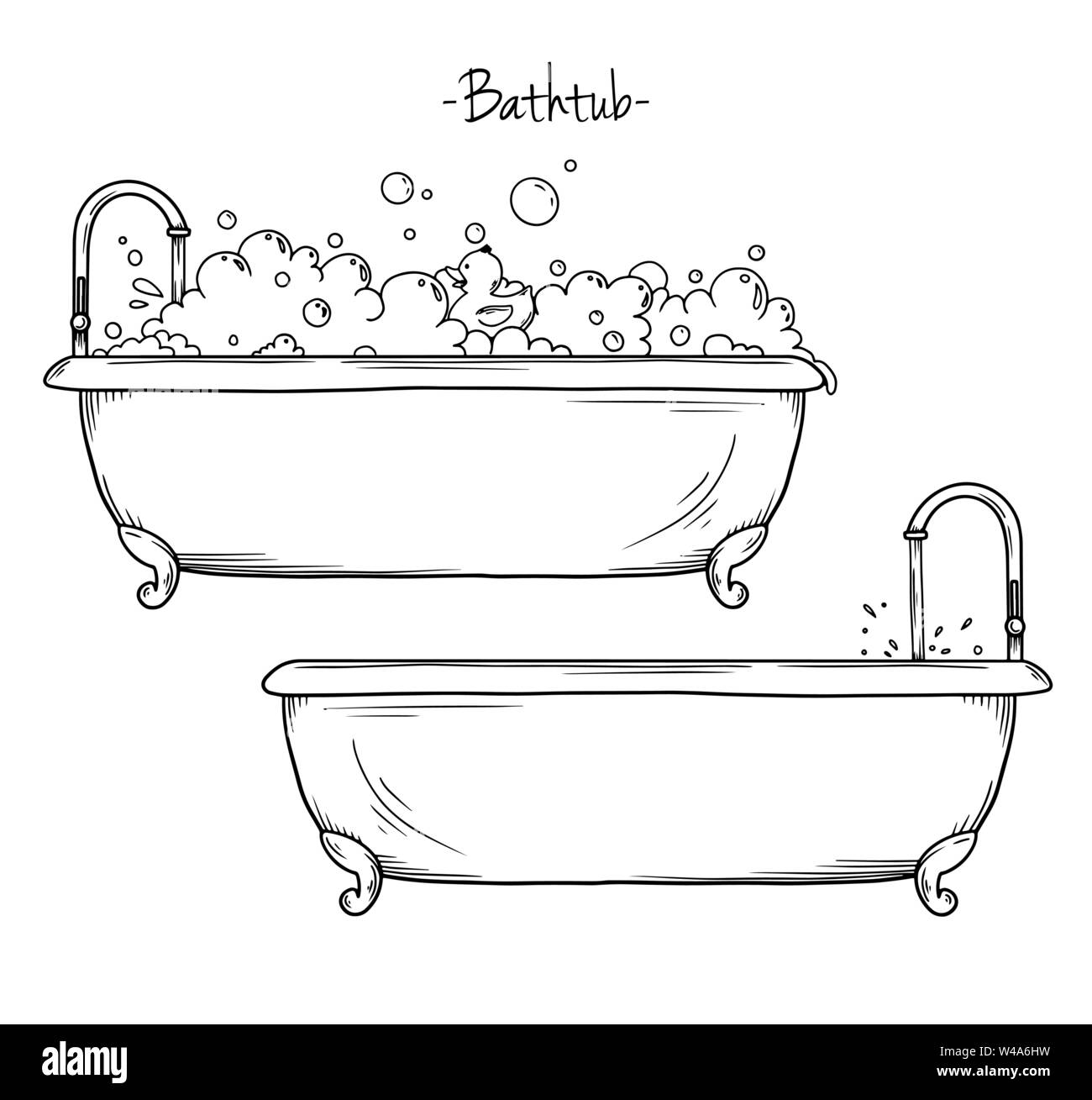 Skizze Schaumbad und Rubber Duck. Vector Illustration in Skizze Stil. Stock Vektor