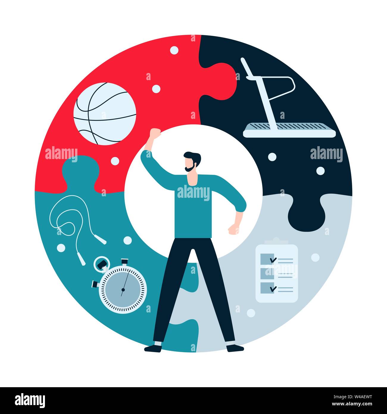 Vector Illustration mit Mann, Puzzle, Laufband, Seil springen, Stoppuhr,  Basketball Ball, Checkliste. Sport. Training für Wellness, Aktivität.  Gesundes Leben Stock-Vektorgrafik - Alamy