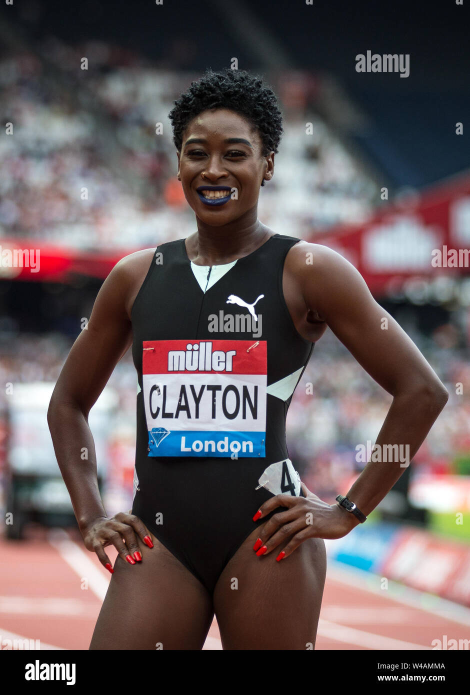 London, Großbritannien. 21. Juli, 2019. Rushell CLAYTON (JAM) Gewinner des 400 m-Hürdenlauf der Frauen während der MŸller Jubiläum Spiele London Grand Prix 2019 bei den Olympischen Park, London, England am 21. Juli 2019. Foto von Andy Rowland/PRiME Media Bilder. Credit: PRiME Media Images/Alamy leben Nachrichten Stockfoto