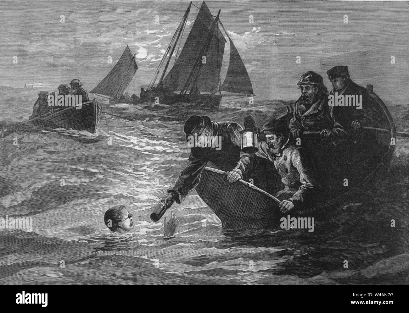 MATTHEW WEBB (1848-1883) erhält eine Flash heißen Kaffee während der Erfolgreichen sein Kreuz Kanal schwimmen im August 1875 Stockfoto