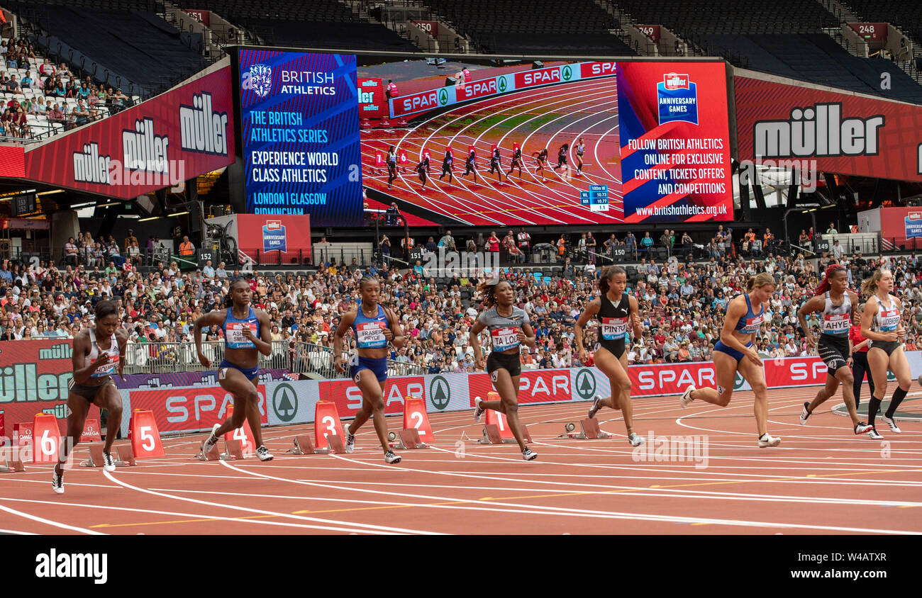 London, Großbritannien. Juli 2019 21. Dafne Schippers der Niederlande beginnen schnell zu und wird in 100m-Finale der Frauen während der Tag Zwei der Muller Geburtstag Spiele IAAF Diamond League Event an der London Stadion disqulified am 21. Juli 2019 in London, England. Gary Mitchell/Alamy leben Nachrichten Stockfoto