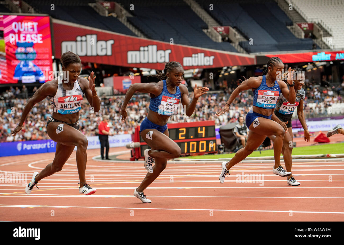 London, Großbritannien. Juli 2019 21. (L - R) Murielle Ahoure der Elfenbeinküste, Dina Asher-Smith von Großbritannien und Shelly-Ann Fraser-Pryce von Jamaika in Aktion von 100 m-Finale der Frauen während der Tag Zwei der Muller Geburtstag Spiele IAAF Diamond League Veranstaltung im Stadion in London am 21. Juli 2019 in London, England. Gary Mitchell/Alamy leben Nachrichten Stockfoto