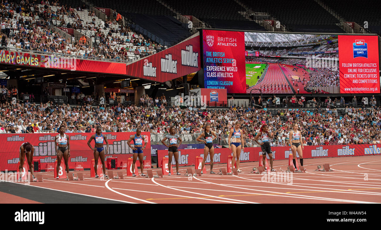 London, Großbritannien. Juli 2019 21. Start von 100 m-Finale der Frauen während der Tag Zwei der Muller Geburtstag Spiele IAAF Diamond League Veranstaltung im Stadion in London am 21. Juli 2019 in London, England. Gary Mitchell/Alamy leben Nachrichten Stockfoto