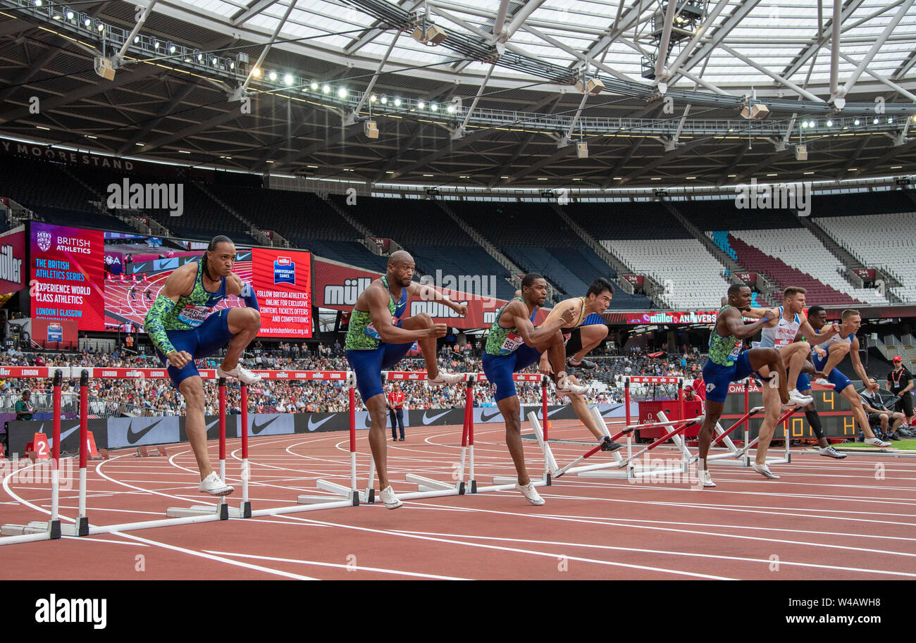 London, Großbritannien. Juli 2019 21. (L-R) Pascal Martinot-Lagarde, Antonio Alkana, Wilhem Belocian, wenjun Xie, Omar McLeod, Andrew Pozzi, Ronald Levy und David King in Aktion zu Beginn der Männer 110m Hürden Finale bei Tag Zwei der Muller Geburtstag Spiele IAAF Diamond League Veranstaltung im Stadion in London am 21. Juli 2019 in London, England. Gary Mitchell/Alamy leben Nachrichten Stockfoto