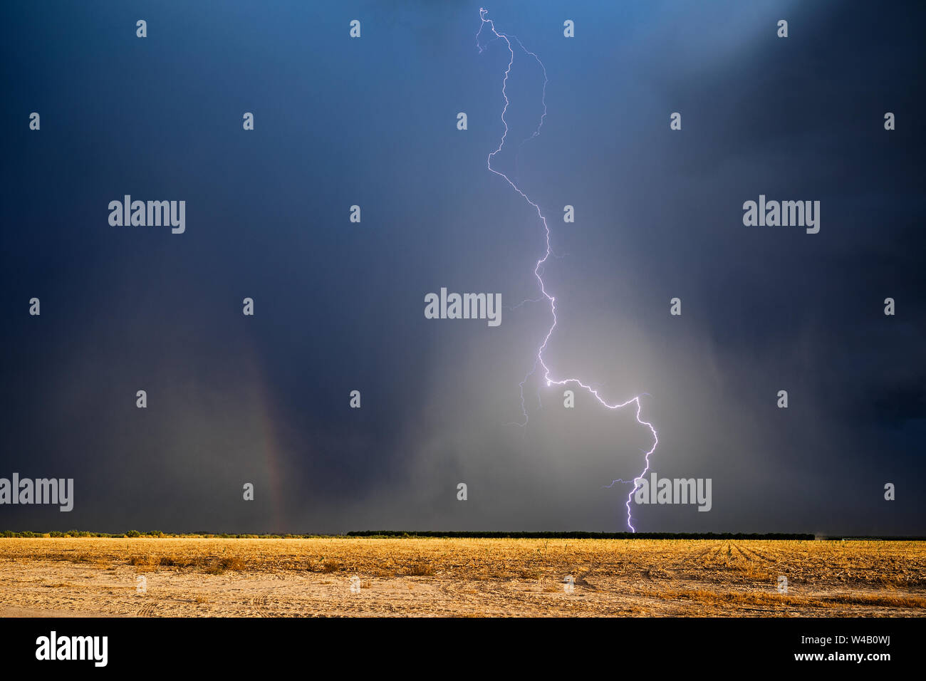 Ein Blitzschlag trifft durch einen Mikrostoß auf einen dunklen, stürmischen Himmel in der Nähe von Willcox, Arizona Stockfoto