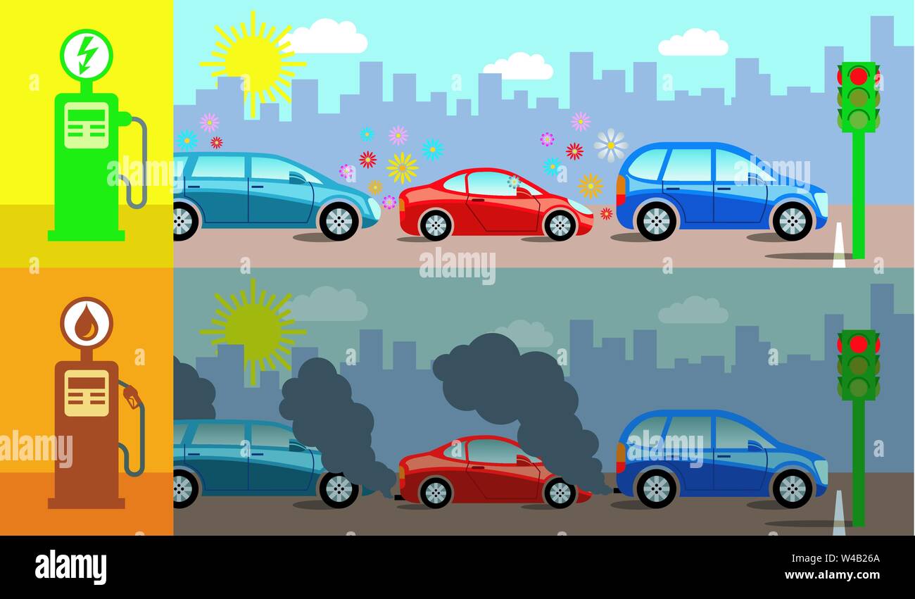 Bunte Konzept Abbildung demonstriert die Verunreinigung der Luft durch Gas Autos im Vergleich zu elektrischen Autos produziert. Stock Vektor