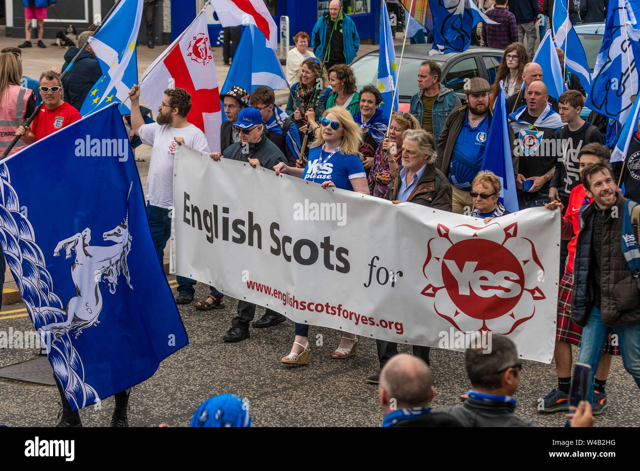 Galashiels, alle unter einem Banner Unabhängigkeit März - 2019 Stockfoto