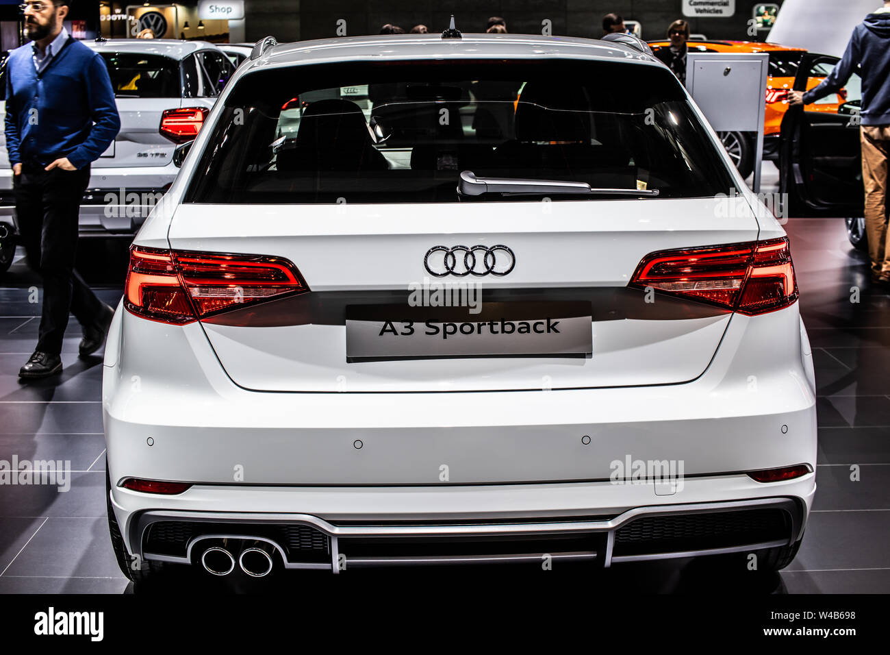 Brüssel, Belgien, Jan 2019 weiß Audi A3 Sportback zu Brüssel Motor Show, dritte Generation, Typ 8V, Auto von der Audi AG produziert Stockfoto