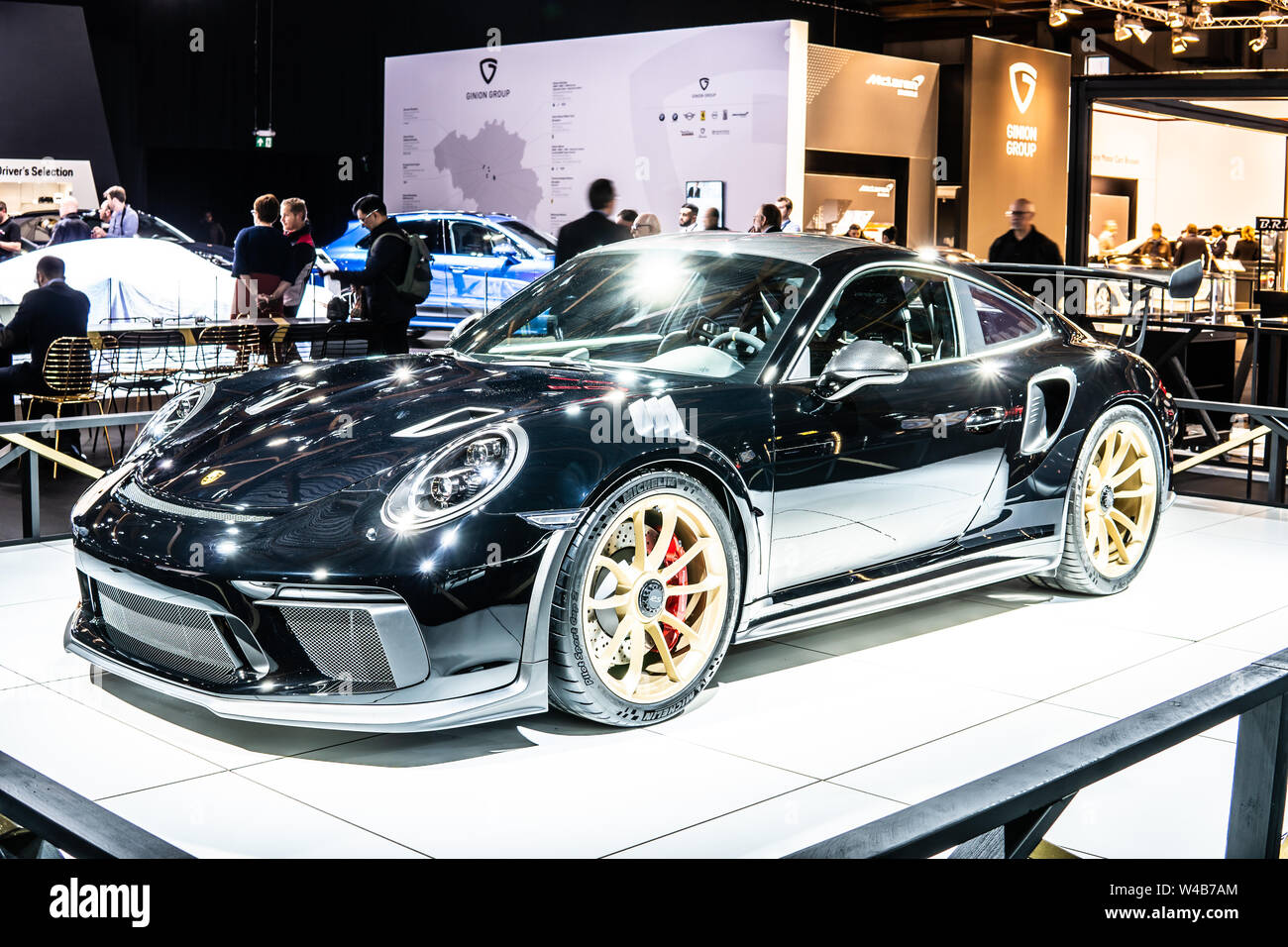 Brüssel, Belgien, Jan 2019: Metallic Schwarz Porsche 911 GT3 RS, Brüssel Motor Show, 991-Serie, 7. Generation, Supersport Auto gebaut von Porsche Stockfoto