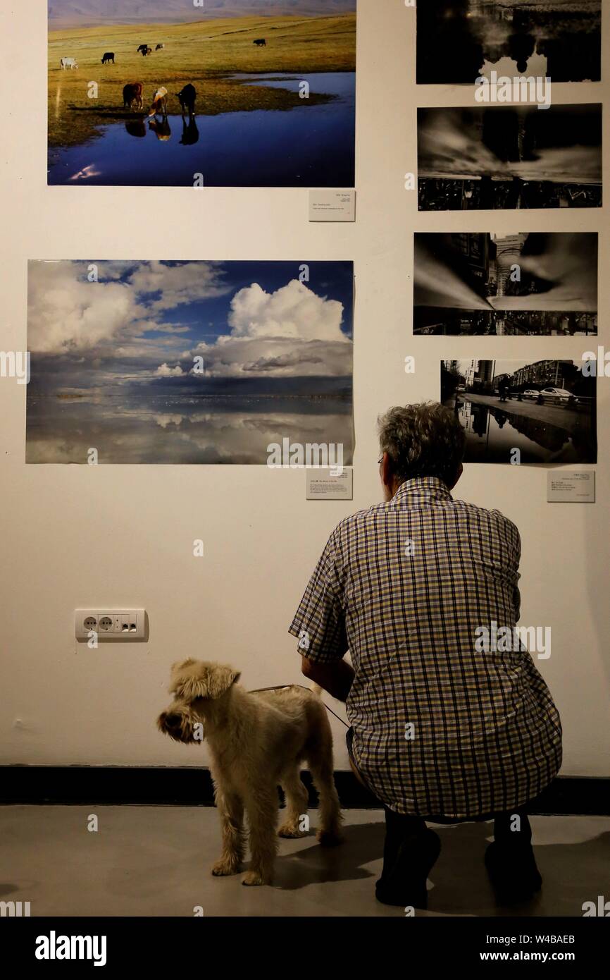 (190722) - NOVI SAD, 22. Juli 2019 (Xinhua) - ein Besucher Fotos während die Fotoausstellung "Reflexion in Wasser" in Novi Sad, Serbien, 21. Juli 2019. Die Veränderungen in den städtischen und ländlichen China waren am Sonntag der Serbischen kunst Publikum in Novi Sad durch die Augen der chinesischen Kunst Studenten präsentiert eine Fotoausstellung "Reflexion in Wasser". Die 70 Werke von Studenten der Universität von China (CUC) wurden hier von Besuchern der Galerie vilara' in einem rekonstruierten Seide angezeigt - Färberei in Zusammenarbeit mit der Akademie der Künste der Universität von Novi Sad. (Xinhua / Shi Z Stockfoto