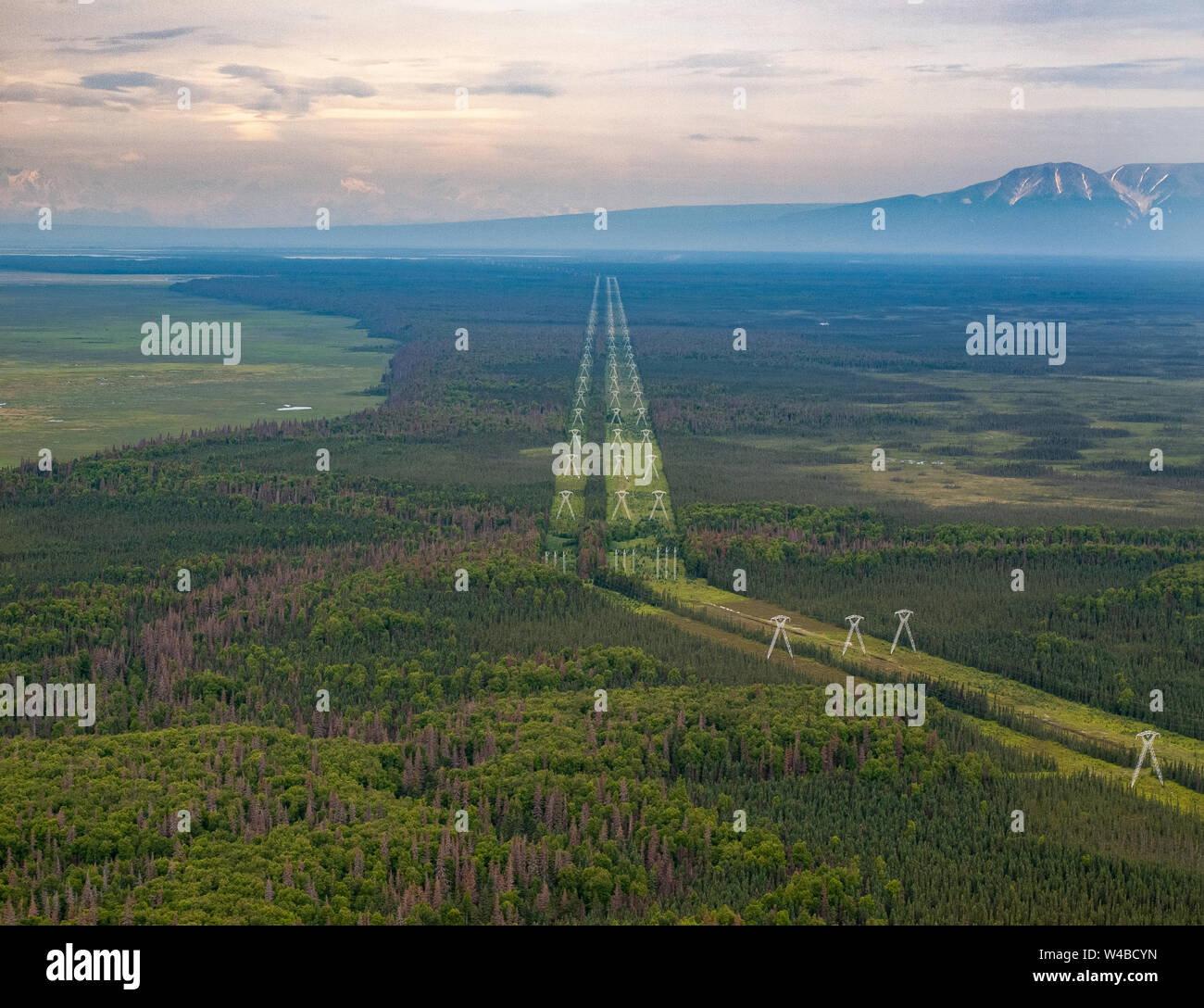 Die Linien über die Alaska Landschaft. Point Mackenzie, über das Wasser von Anchorage. Diese laufen bei der Beluga Kraftwerk. Chugach Electric. Stockfoto