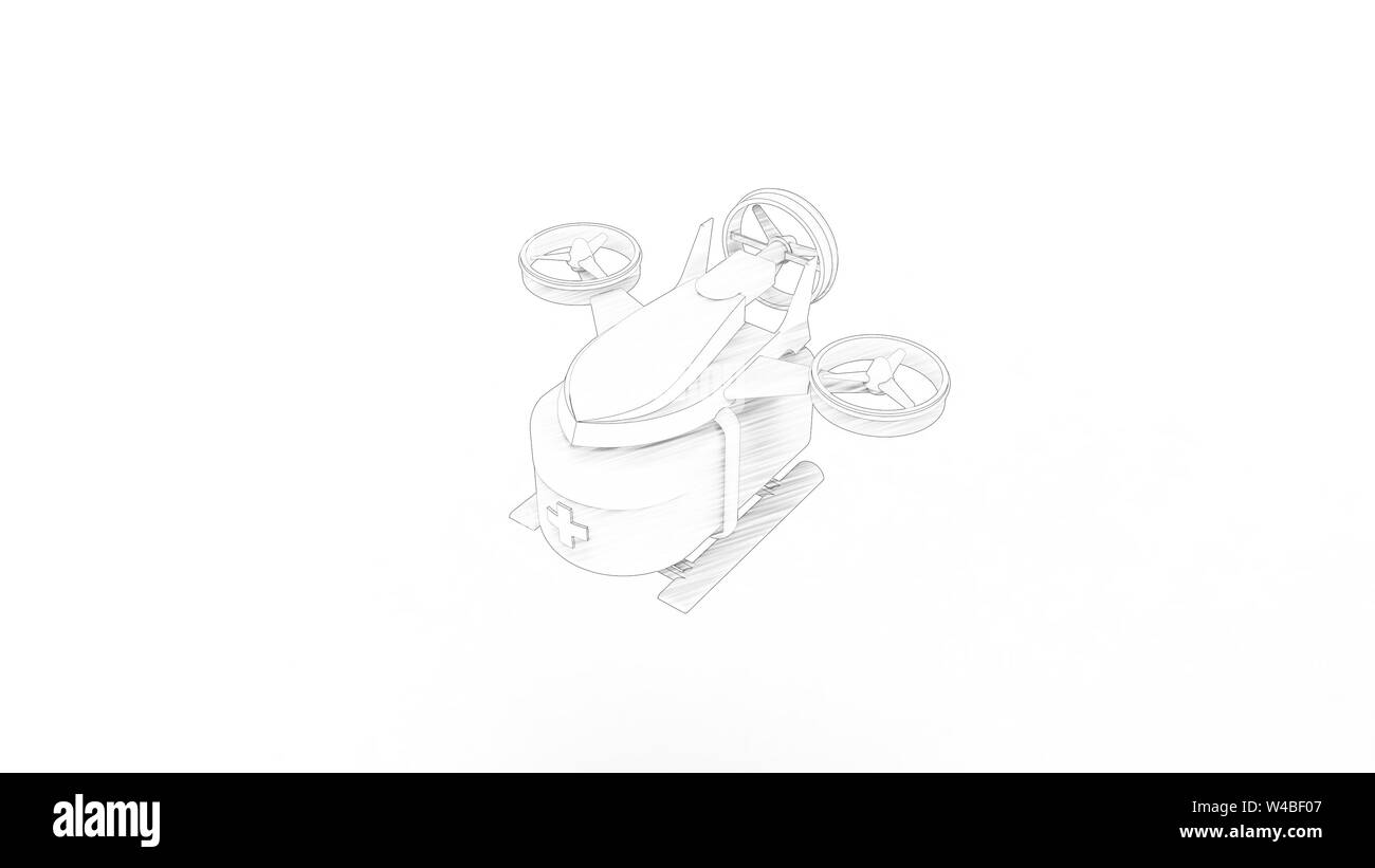 3D-Rendering für eine erste Hilfe medizinische Drone auf weißem Hintergrund. Stockfoto