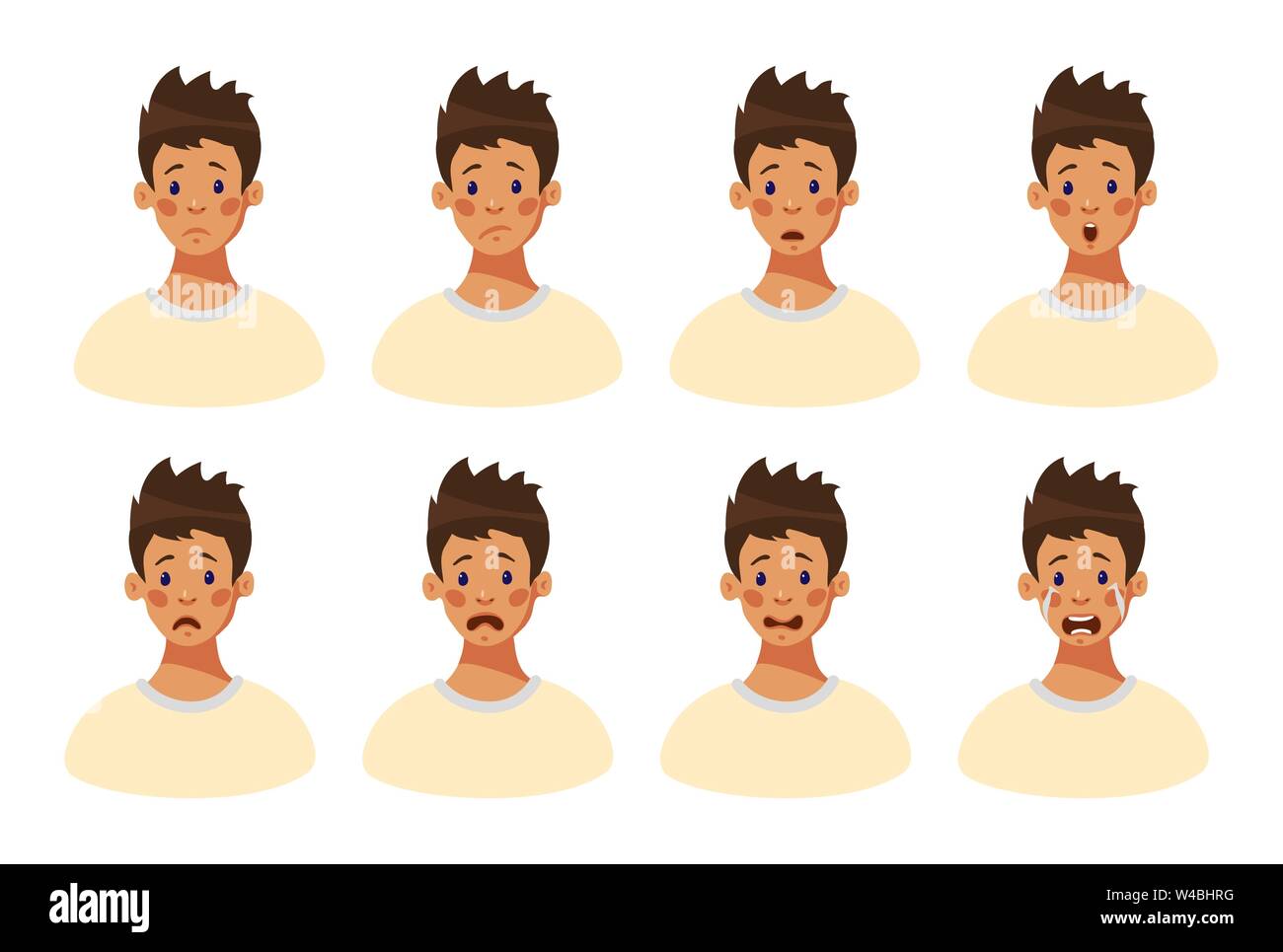 Satz mit 8 negativen männlichen Emotionen. Mimik junge Teenager. Kopf eines jungen Mann mit den traurigen Emotionen auf seinem Gesicht. Emotionale Intelligenz. Avatar Kerl. Cartoon Stil, flache Design Vector Illustration. Stock Vektor