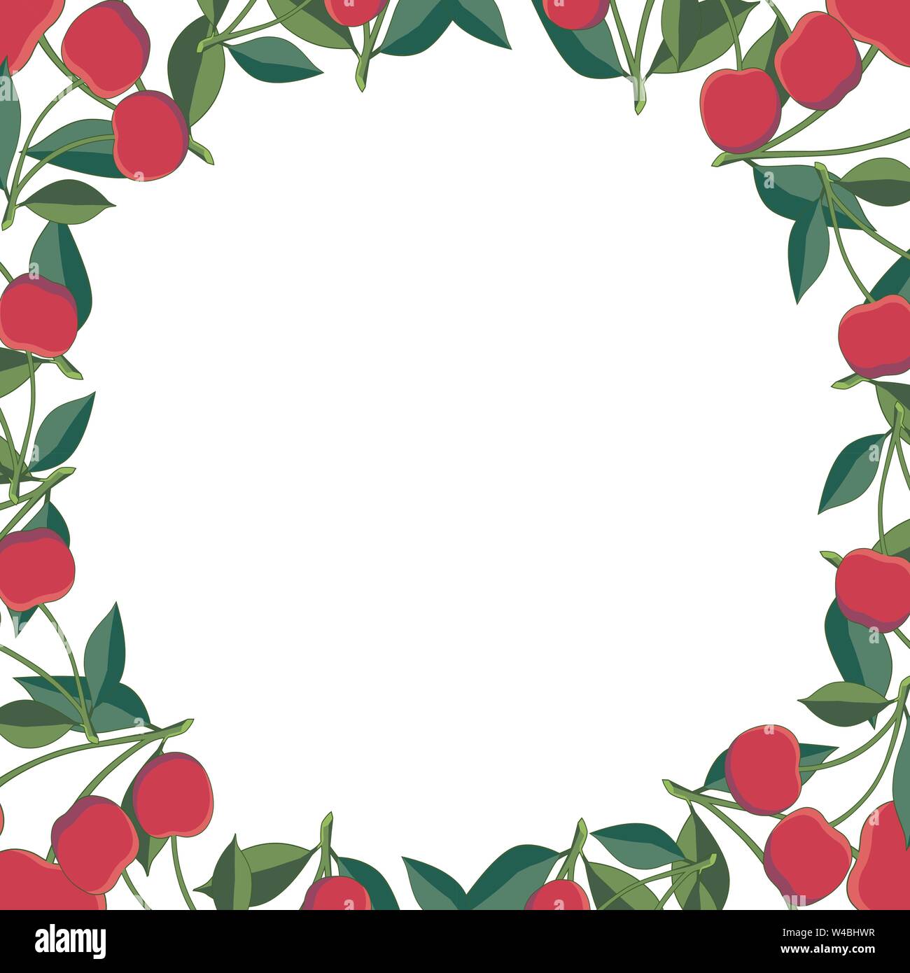 Positive floral Rahmen mit roten Kirschen und grünen Blättern. Floral Wreath. Vorlage für ihr Design, Grußkarte, festliche Ankündigung, Poster, Foto Stock Vektor