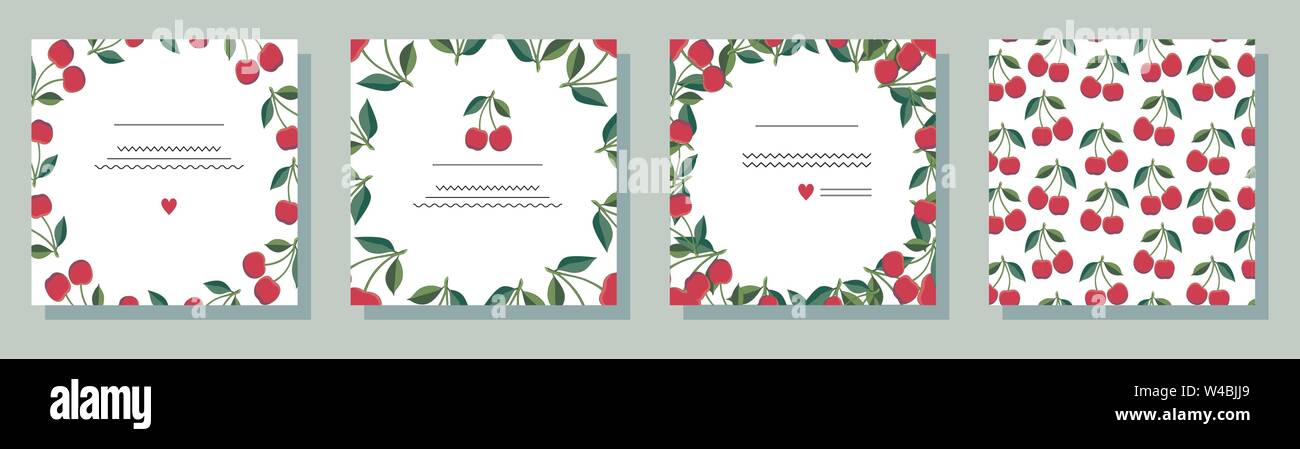Eingestellt von floralen card Templates mit Kirschen. Verwenden Sie für Einladungen, Grußkarten, Geburtstagskarten, romantisches Design, festliche Ankündigungen, Poster Stock Vektor