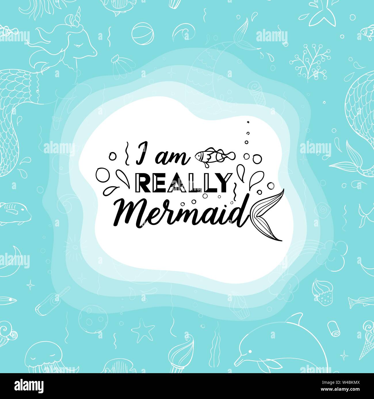 Typografie Design Ich bin wirklich Meerjungfrau. Nahtloses Muster mit Fantasy-Doodles von Meerjungfrau Thema. Dekorative Hintergrund für Kinder Mädchen Textil. Stock Vektor