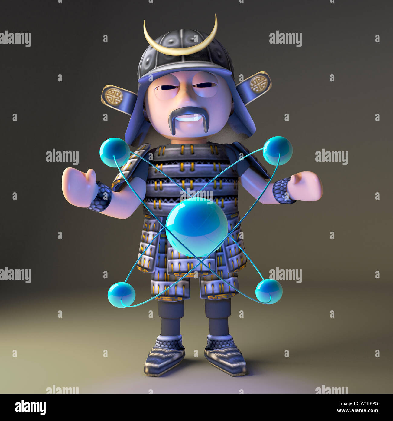 Edle 3d Samurai Krieger in Rüstung Studium nukleare Atom, 3d-Grafik rendern Stockfoto