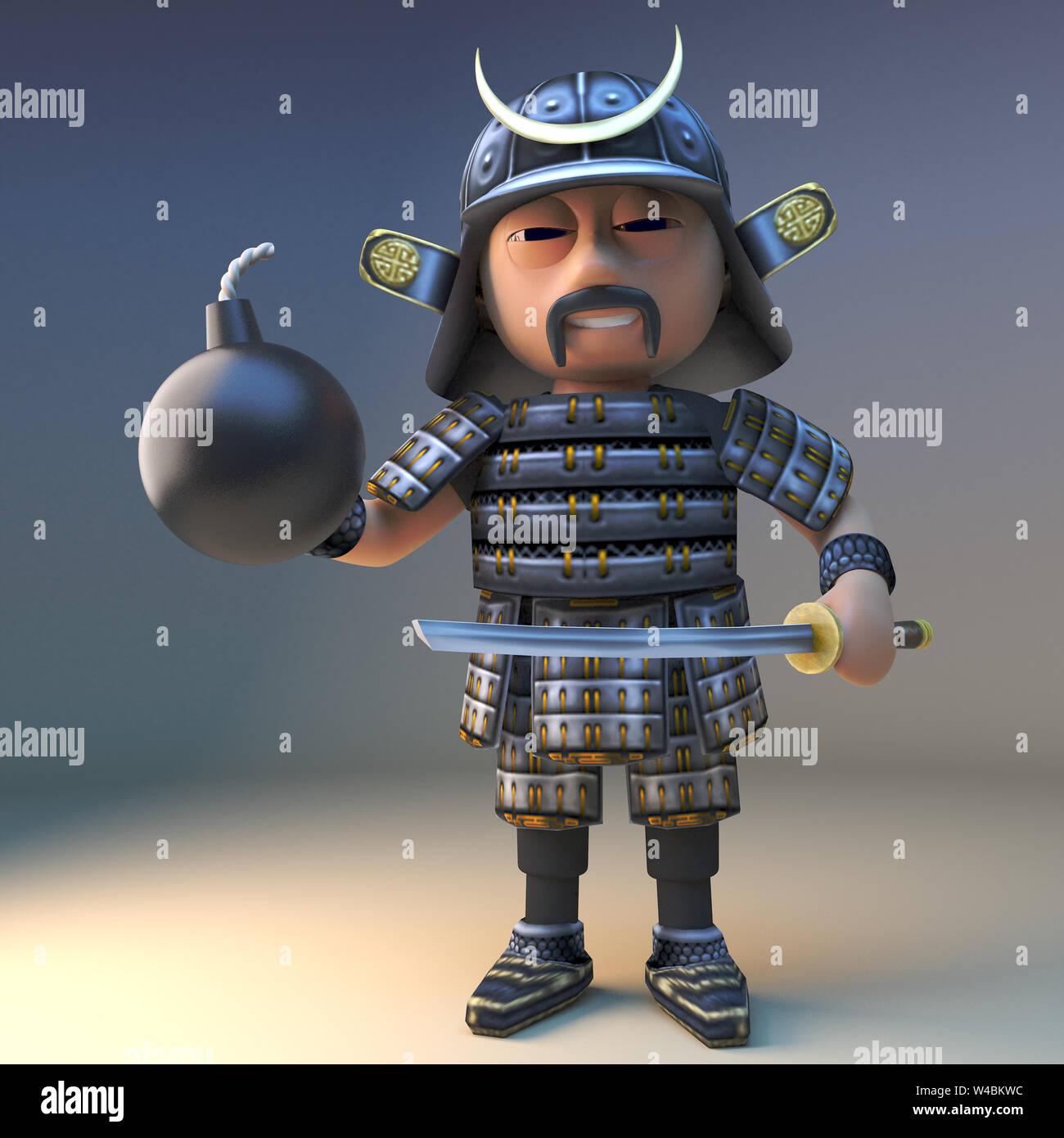 Mächtige Samurai Krieger in 3d mit Schießpulver Bombe, 3d-Grafik rendern Stockfoto