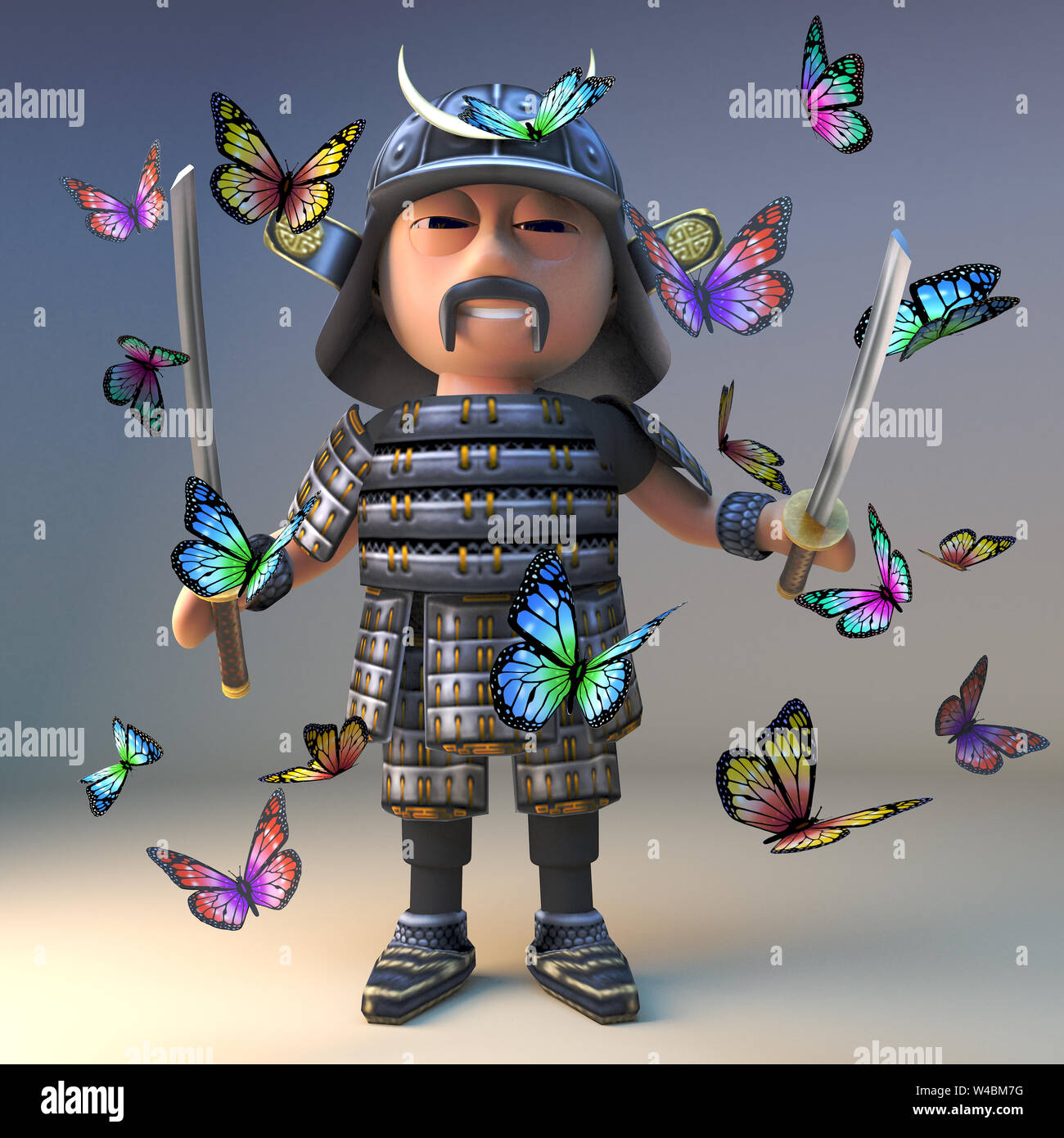 Cartoon Samurai Krieger aus Japan mit zwei Katana Schwerter, steht inmitten von einem Schwarm von Schmetterlingen, 3d-Grafik rendern Stockfoto