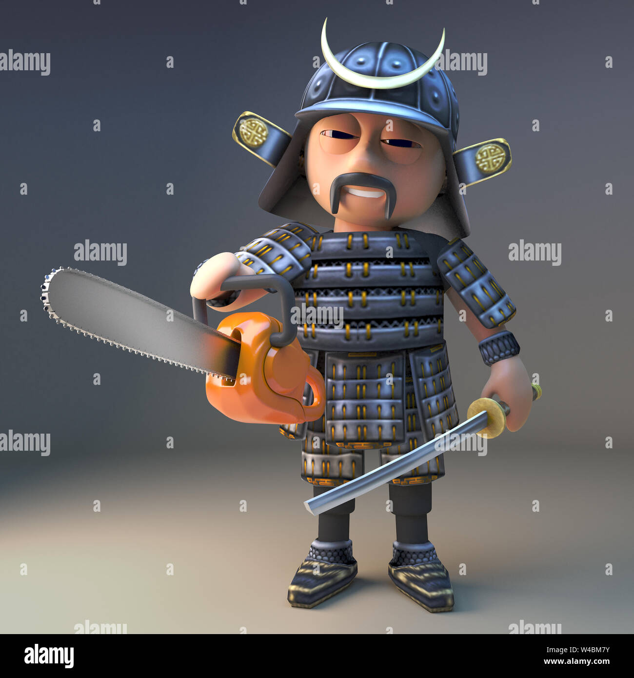 Crazy samura Krieger aus Japan Holding eine Kettensäge und ein Katana Schwert, 3d-Grafik rendern Stockfoto
