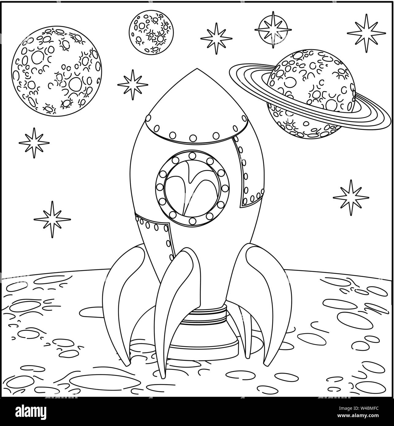 Platz Cartoon Szene Rakete auf dem Mond Stock Vektor