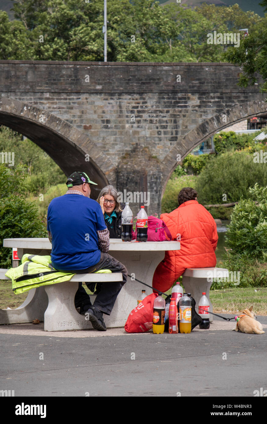 Die Menschen saßen an einer Picknickbank mit einer Reihe von fizzy Getränkeflaschen, England, Großbritannien Stockfoto
