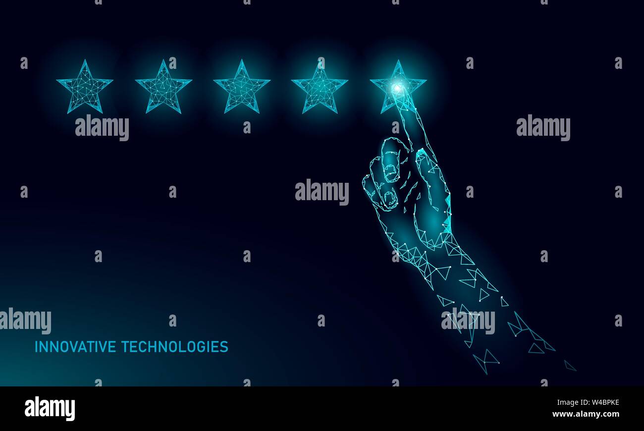 Low Poly 5 5 Sterne Bewertung Produkt Konzept. Positives Feedback Client Qualität Zufriedenheit gute Wahl. Polygonale top Service happy User Experience Stock Vektor