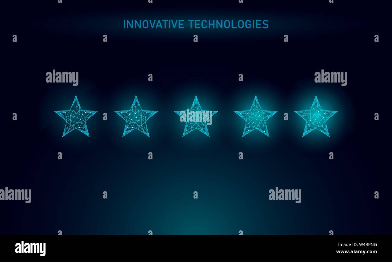 Low Poly 5 5 Sterne Bewertung Produkt Konzept. Positives Feedback Client Qualität Zufriedenheit gute Wahl. Polygonale top Service happy User Experience Stock Vektor